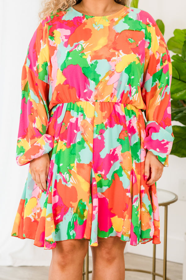 Chic Soul plus size clothing, orange multi pattern long sleeve dress with ruffle skirt with synch waist