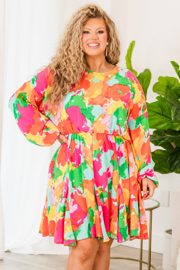 Chic Soul plus size clothing, orange multi pattern long sleeve dress with ruffle skirt with synch waist