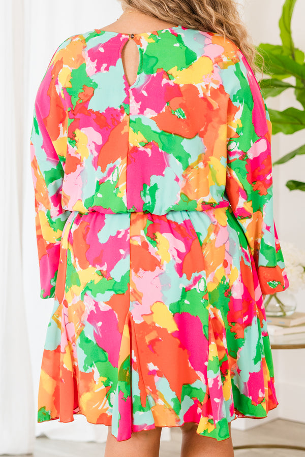 Chic Soul plus size clothing, orange multi pattern long sleeve dress with ruffle skirt with synch waist