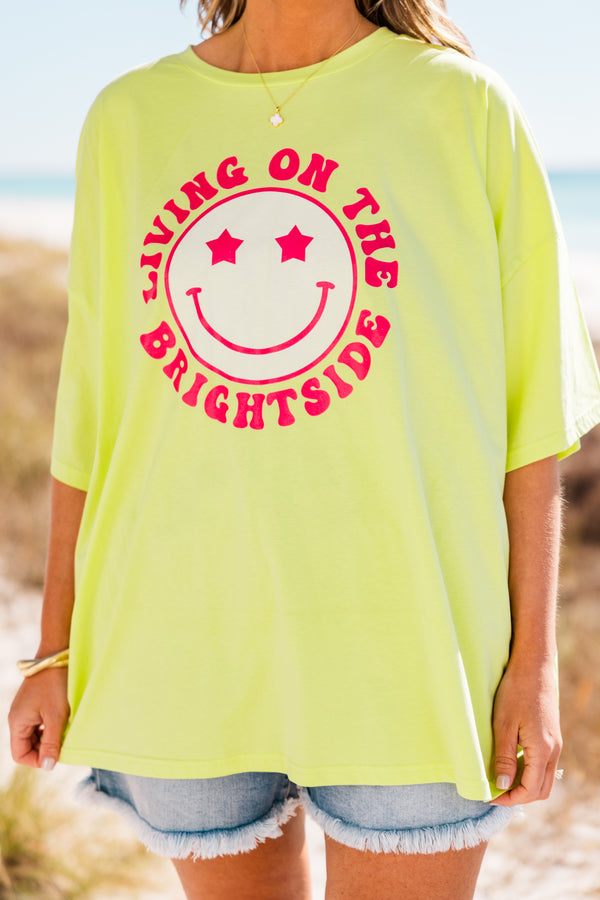 Chic Soul plus size clothing, neon lime colored boyfriend tee with phrase 