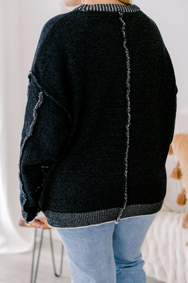Chic Soul plus size clothing, Black long sleeve sweater with white ribbed details on the neckline and bottom of the sweater 