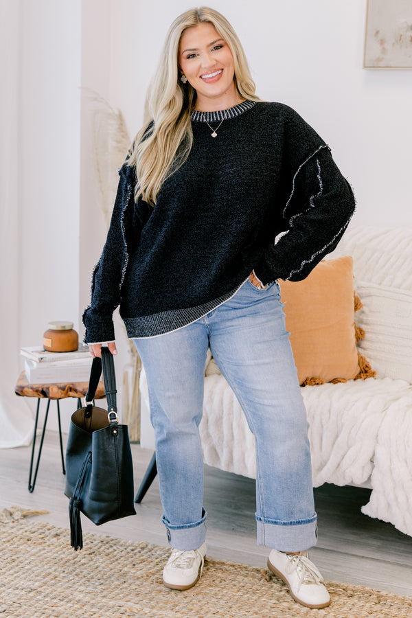 Chic Soul plus size clothing, Black long sleeve sweater with white ribbed details on the neckline and bottom of the sweater 
