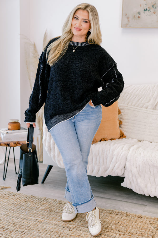Chic Soul plus size clothing, Black long sleeve sweater with white ribbed details on the neckline and bottom of the sweater 