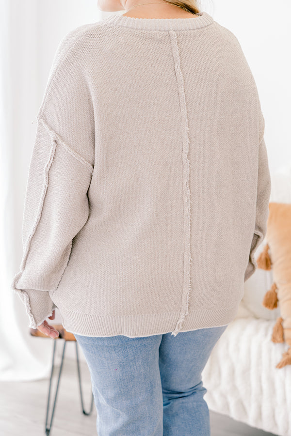 Chic Soul plus size clothing, light tan long sleeve sweater with stitching detail on the sleeve and white thin stripe on sleeves and hem