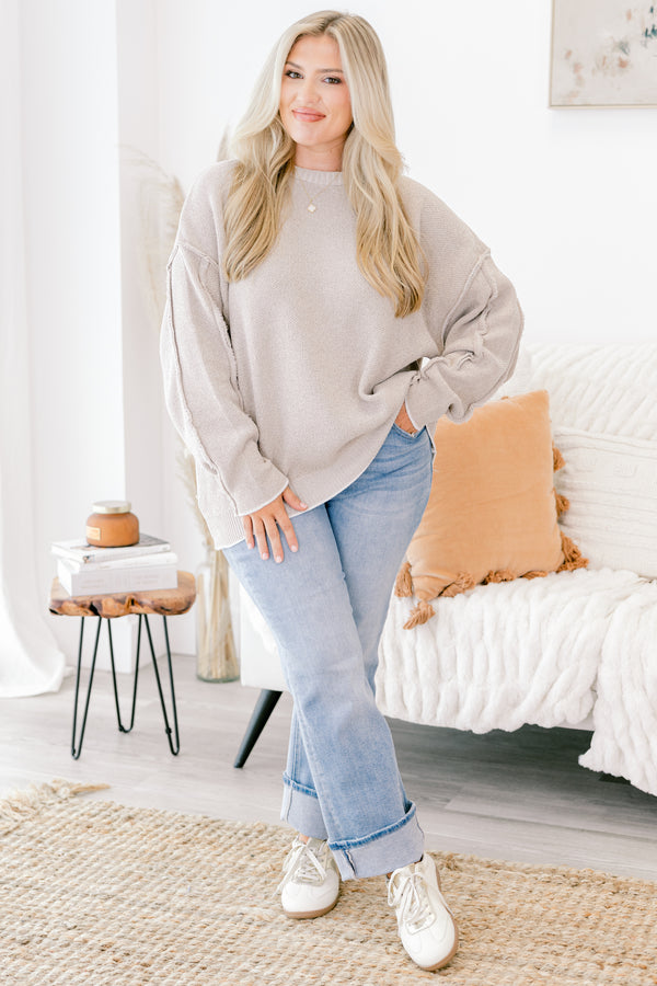 Chic Soul plus size clothing, light tan long sleeve sweater with stitching detail on the sleeve and white thin stripe on sleeves and hem