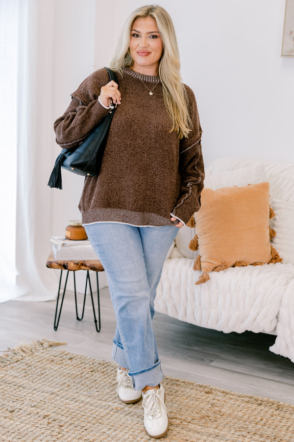 Chic Soul plus size clothing brown long sleeve sweater with a white ribbed texture around the bottom of the sweater and along the sleeves and neckline 