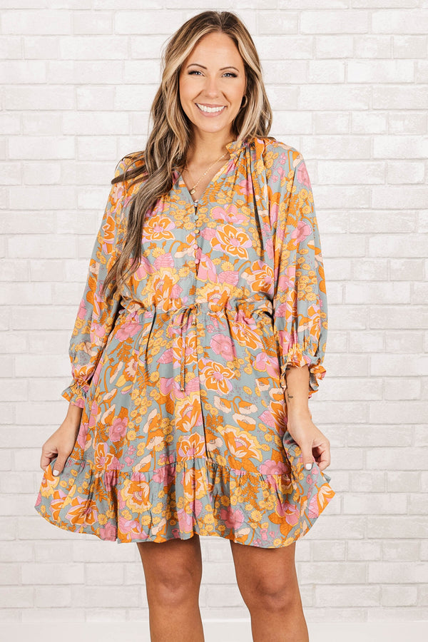 Chic Soul plus size clothing, light blue orange and pink short dress that sinches at waist with balloon sleeves
