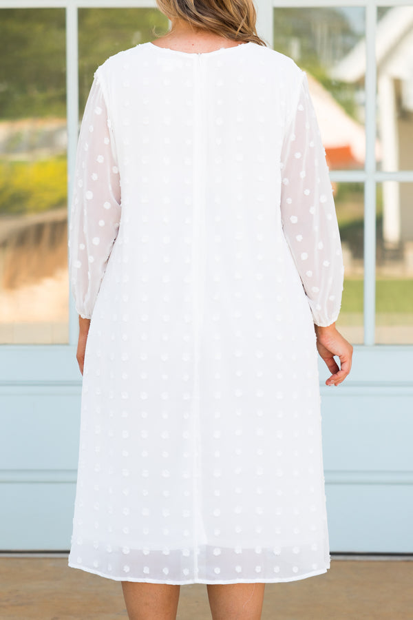 Chic Soul plus size clothing, white swiss dotted midi dress with sheer bubble sleeves