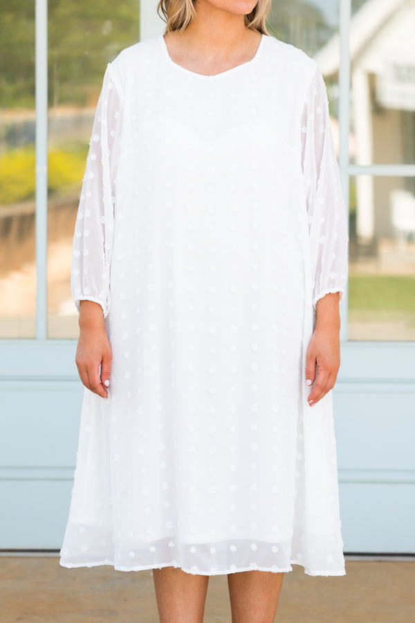Chic Soul plus size clothing, white swiss dotted midi dress with sheer bubble sleeves
