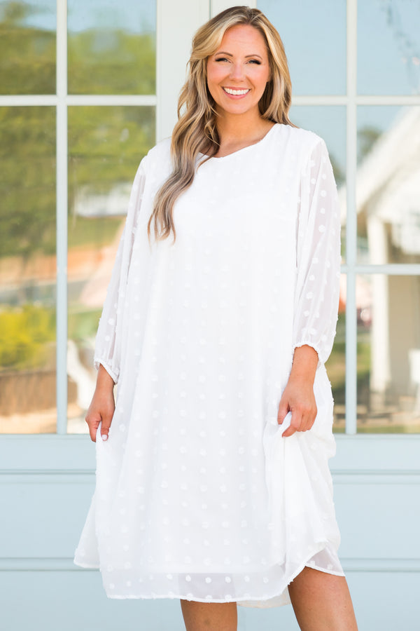 Chic Soul plus size clothing, white swiss dotted midi dress with sheer bubble sleeves