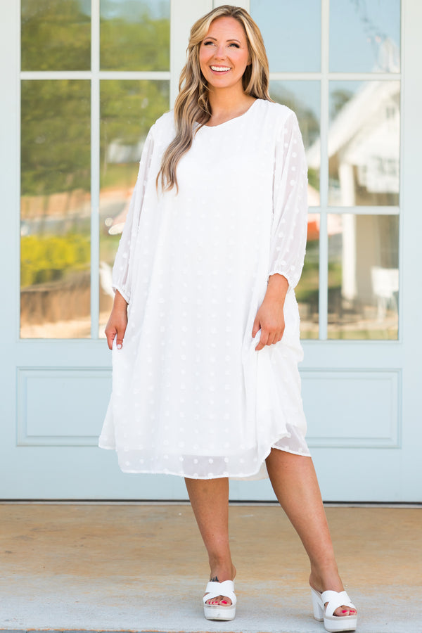 Chic Soul plus size clothing, white swiss dotted midi dress with sheer bubble sleeves
