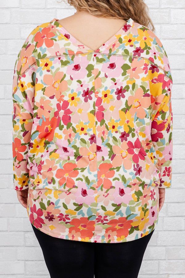 Chic Soul plus size clothing, multicolor floral pattern long sleeves top with a v neck