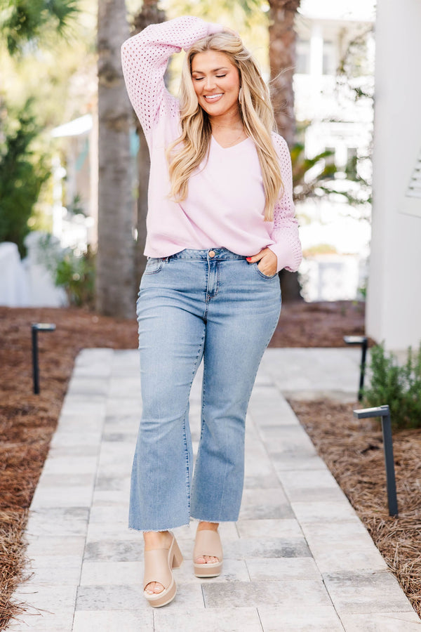 Chic Soul plus size clothing, lavender long sleeve sweater with v neck and small hole pattern on sleeves
