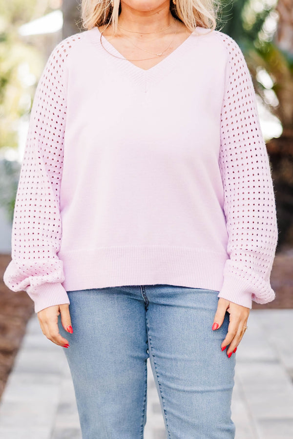 Chic Soul plus size clothing, lavender long sleeve sweater with v neck and small hole pattern on sleeves
