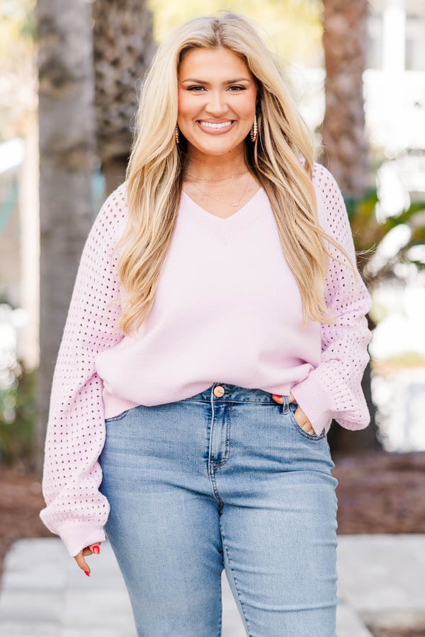 Chic Soul plus size clothing, lavender long sleeve sweater with v neck and small hole pattern on sleeves