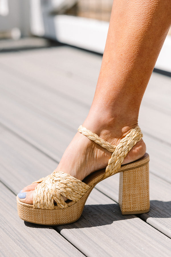 Chic Soul plus size clothing, natural woven platform heels with two circle design on front with wood block heel and silver hardware