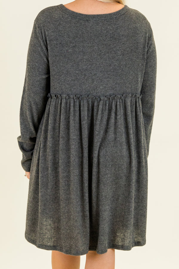 Chic Soul plus size clothing, long-sleeve charcoal gray baby doll dress with scoop-neckline and brown button detailing