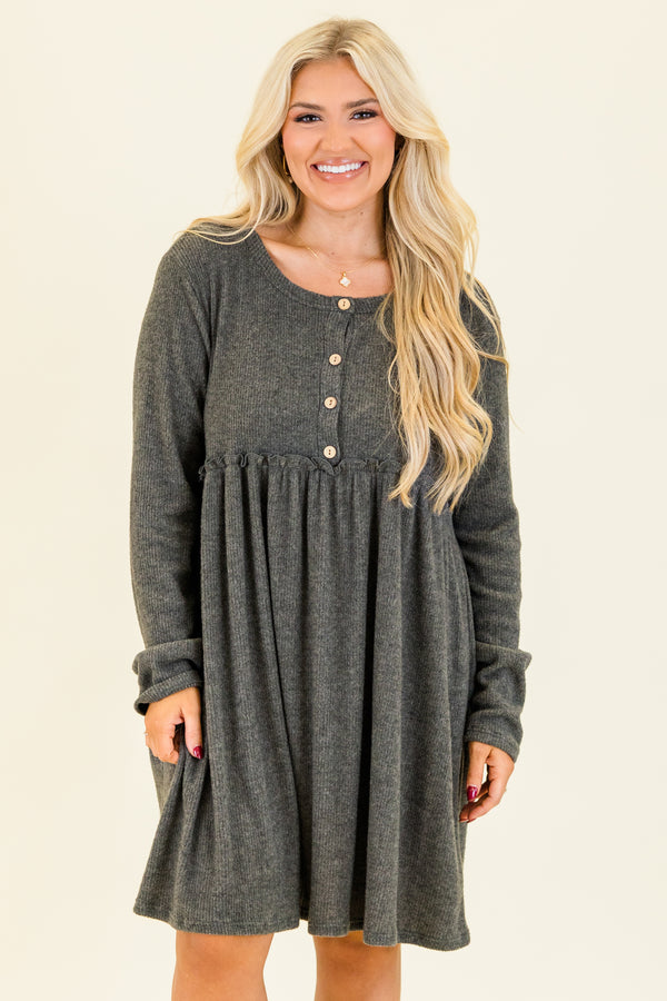 Chic Soul plus size clothing, long-sleeve charcoal gray baby doll dress with scoop-neckline and brown button detailing