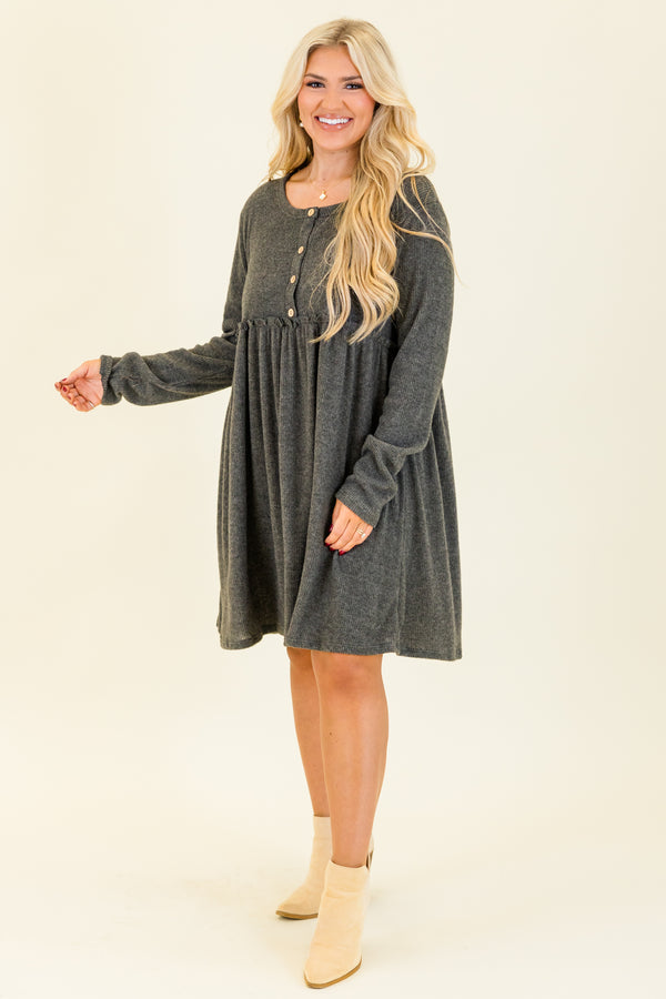 Chic Soul plus size clothing, long-sleeve charcoal gray baby doll dress with scoop-neckline and brown button detailing