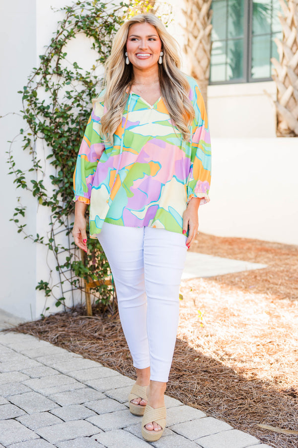 Chic Soul plus size clothing, multi color long sleeve top with drawstring v-neckline and ruched cuffs 
