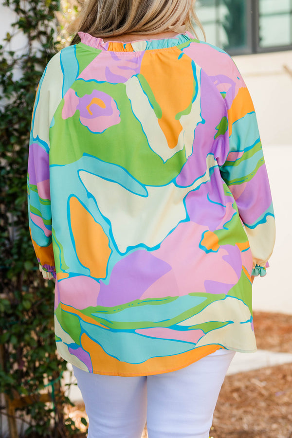 Chic Soul plus size clothing, multi color long sleeve top with drawstring v-neckline and ruched cuffs 
