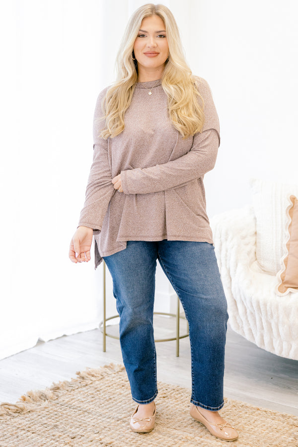 Chic Soul plus size clothing, light brown long sleeve casual top