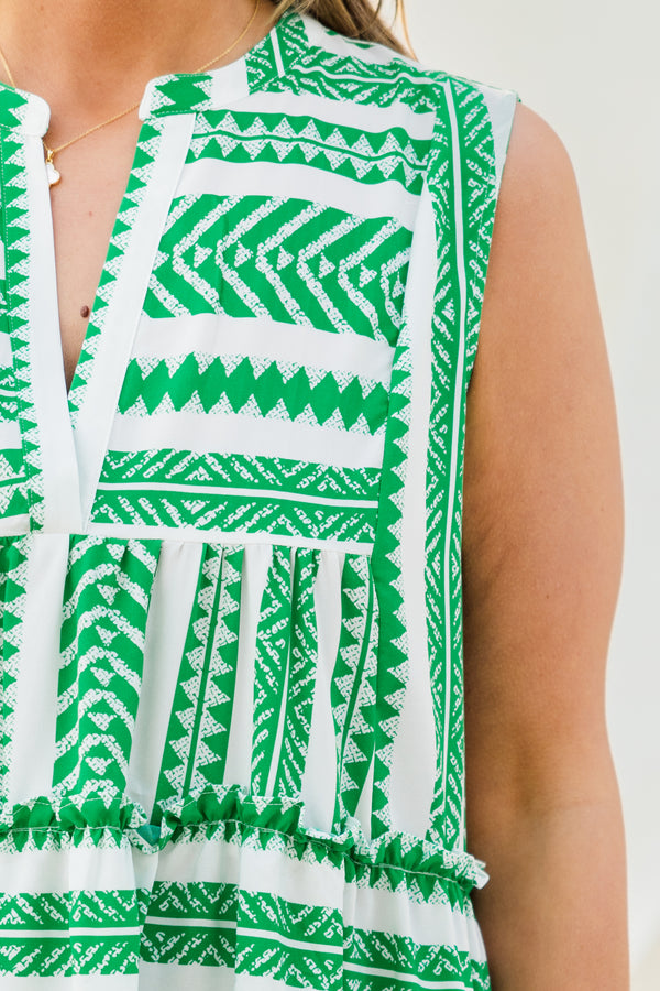 Chic Soul plus size clothing, sleeveless green ruffled baby doll dress with a split-v-neckline and a white and green aztec pattern