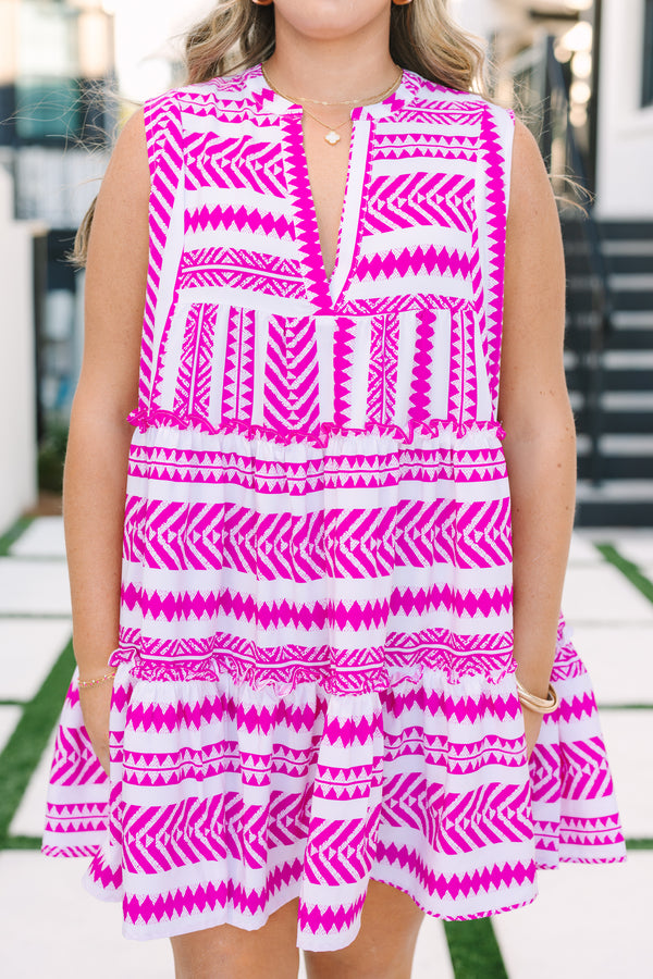 Chic Soul plus size clothing, hot pink and white Aztec print sleeveless tiered baby doll dress

