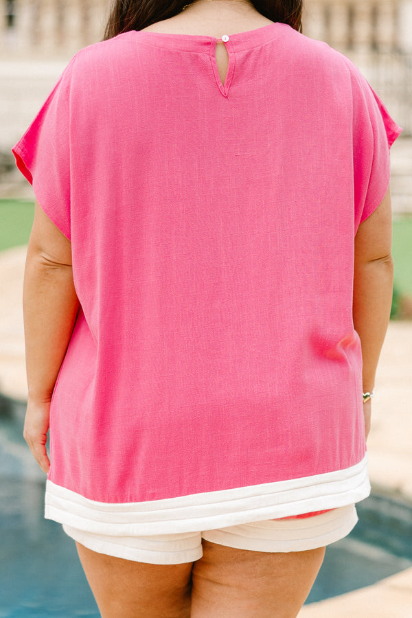 Chic Soul plus size clothing, hot pink short sleeve casual basic top with white blocking at hem