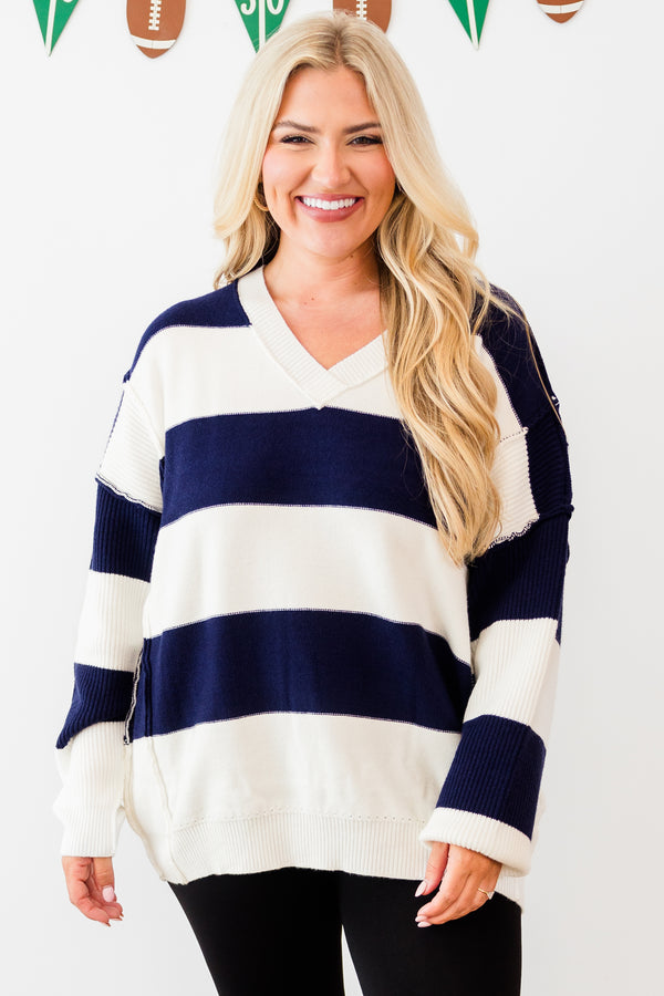 Chic Soul plus size clothing, long-sleeve navy-ivory striped sweater with v-neckline and distressed stitching detailing 