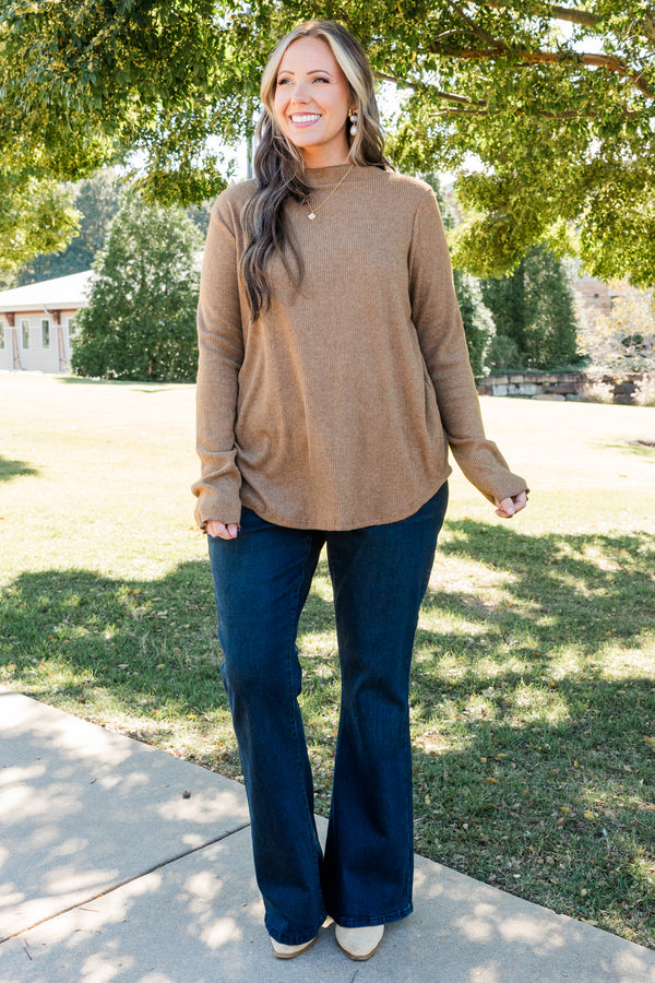 Chic Soul plus size clothing, mocha colored fitted long sleeve regular length top layering piece