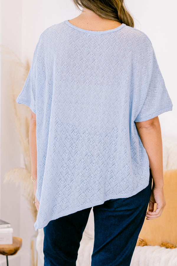 Chic Soul plus size clothing, light blue short sleeve knit top with asymmetric design along the bottom with round neckline