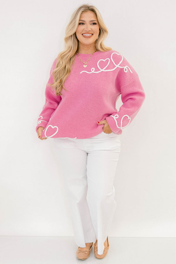 Chic Soul plus size clothing, pink long sleeve sweater with white heart details throughout the sweater 