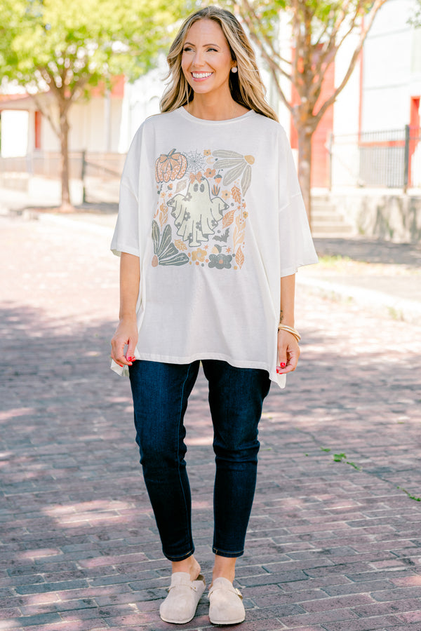 Chic Soul plus size clothing, ivory short sleeve graphic tee with a square graphic in the center that has a ghost, pumpkin, and other fall images 