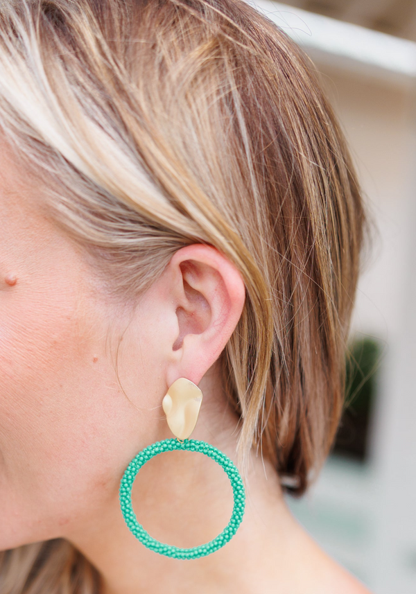 Chic Soul plus size clothing, teal beaded hoop earrings with gold stud