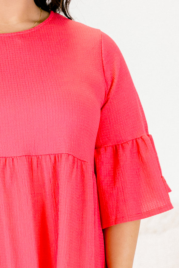 Chic Soul plus size clothing, coral three quarter length sleeve tiered mini dress with ruffle on sleeve with round neckline