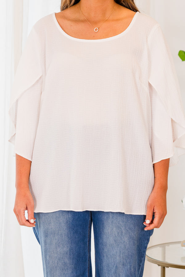 Chic Soul plus size clothing, white plain top with short ruffle flutter sleeves with round neckline