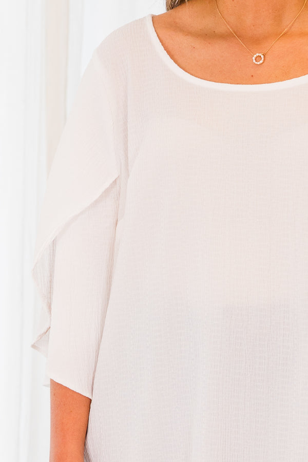 Chic Soul plus size clothing, white plain top with short ruffle flutter sleeves with round neckline