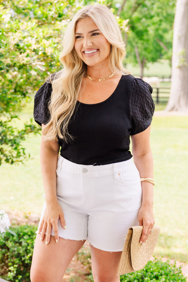 Chic Soul plus size clothing, short-puffed-sleeve black bodysuit with a deep-scoop-neckline