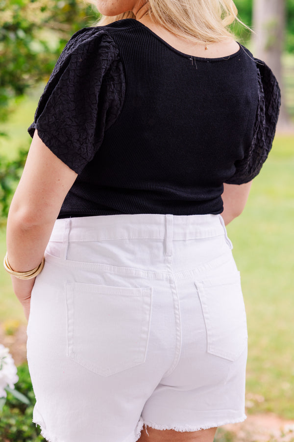 Chic Soul plus size clothing, short-puffed-sleeve black bodysuit with a deep-scoop-neckline