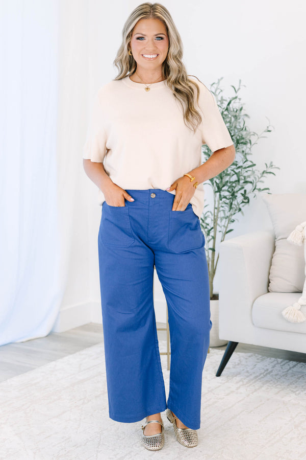 Royal Blue Ankle Cropped Summer Pants in a Stretchy Denim-Like Fabric with Pockets