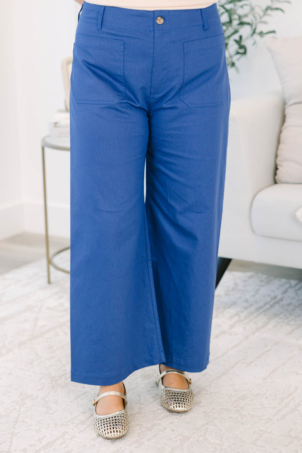 Royal Blue Ankle Cropped Summer Pants in a Stretchy Denim-Like Fabric with Pockets