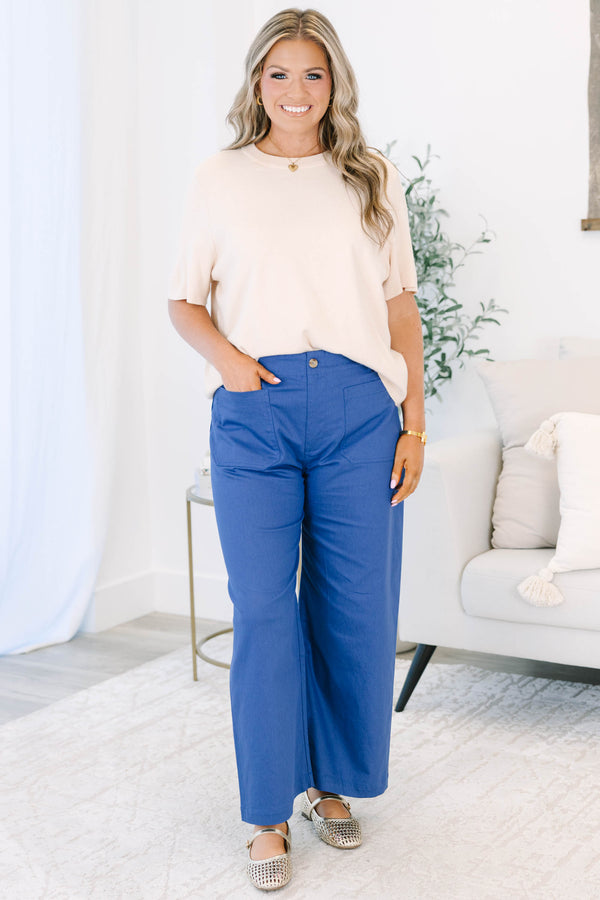 Royal Blue Ankle Cropped Summer Pants in a Stretchy Denim-Like Fabric with Pockets