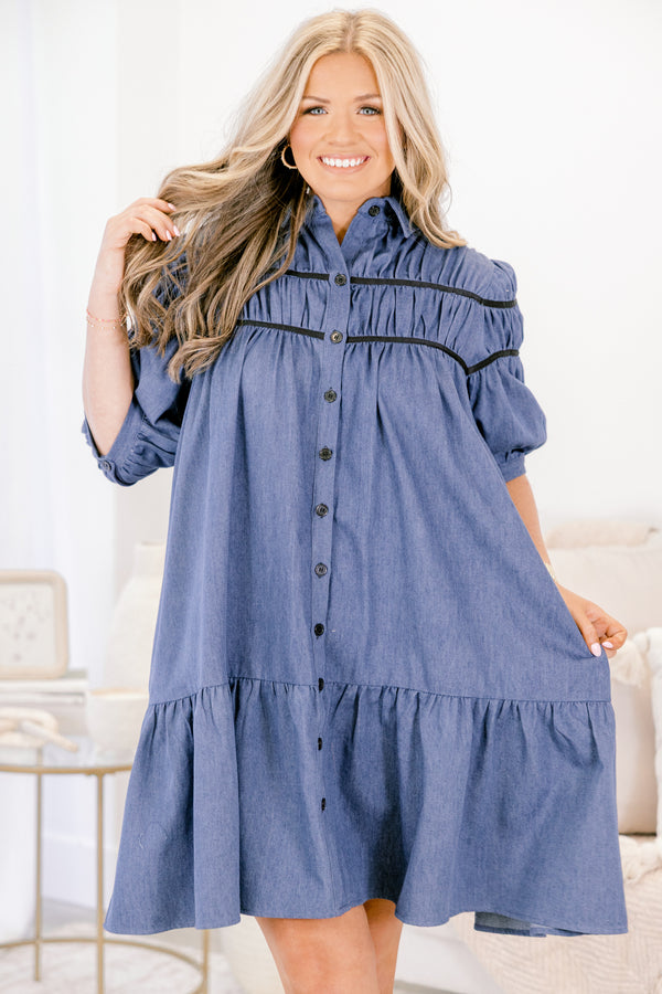 Chic Soul plus size clothing, denim blue mid sleeve button down and collared dress with two black lines acrose the shoulders and chest 