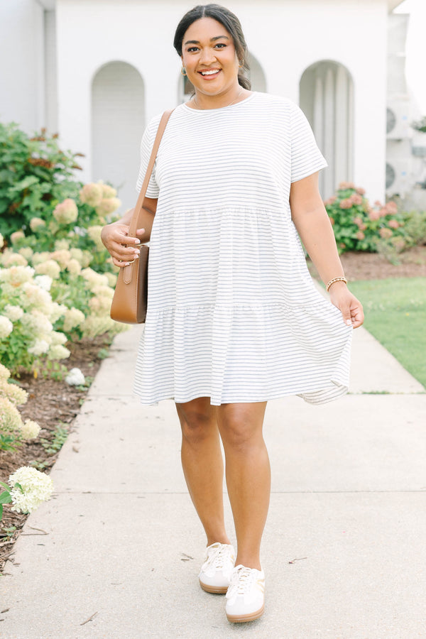 Plus Size gray and white striped babydoll dress with short sleeves and a tiered style