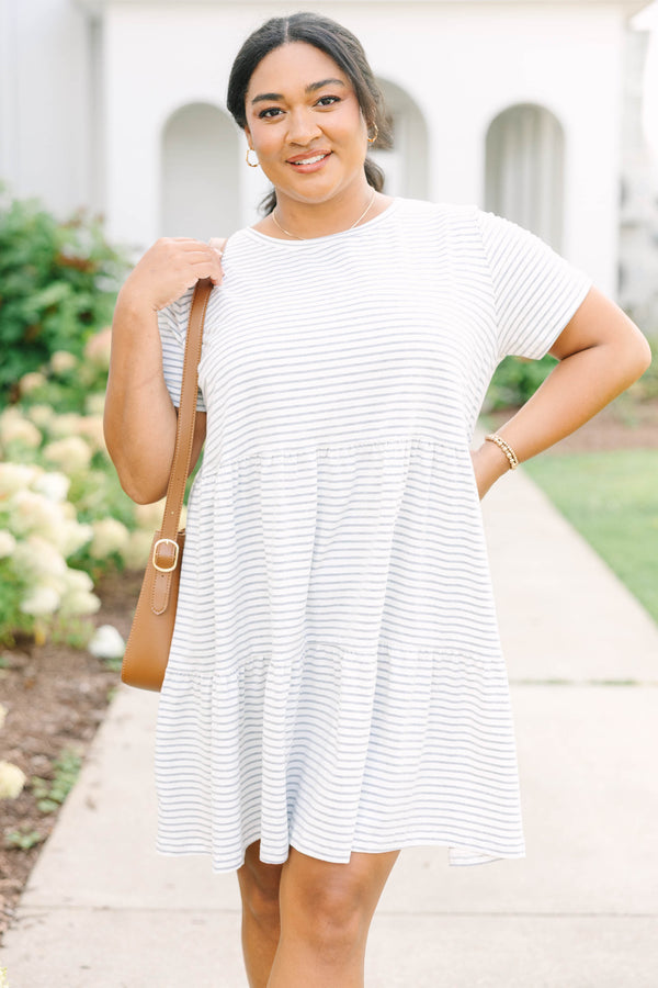 Plus Size gray and white striped babydoll dress with short sleeves and a tiered style
