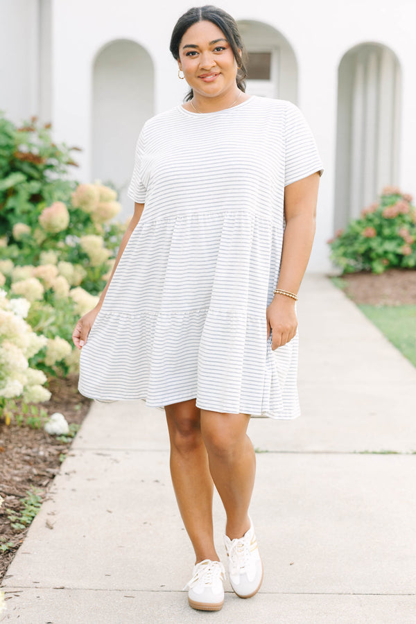 Plus Size gray and white striped babydoll dress with short sleeves and a tiered style