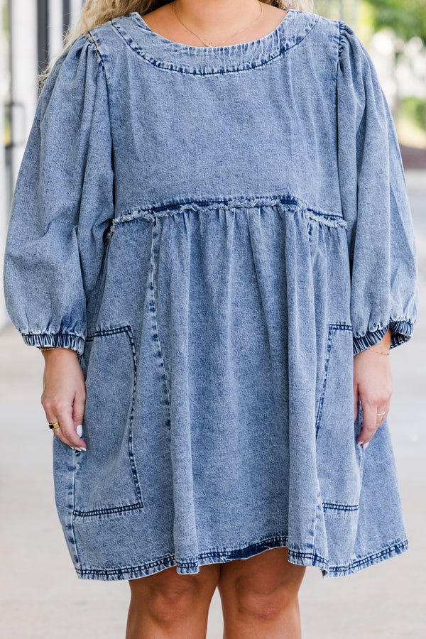 Chic Soul plus size clothing, puffed quarter-sleeve denim medium-wash baby doll dress with scoop-neckline