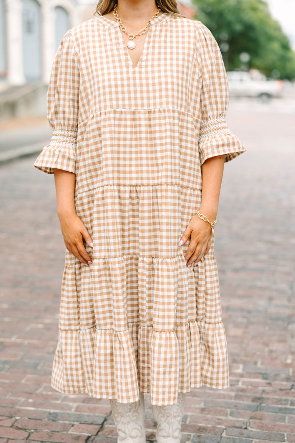 Plus size clothing, brown gingham midi dress with tiered skirt and mini bell sleeves