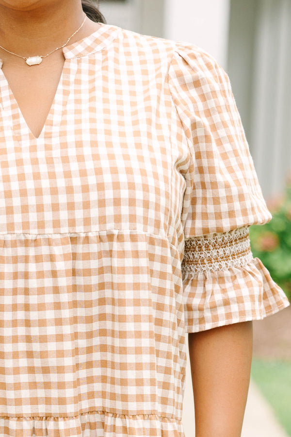 Plus size clothing, brown gingham midi dress with tiered skirt and mini bell sleeves